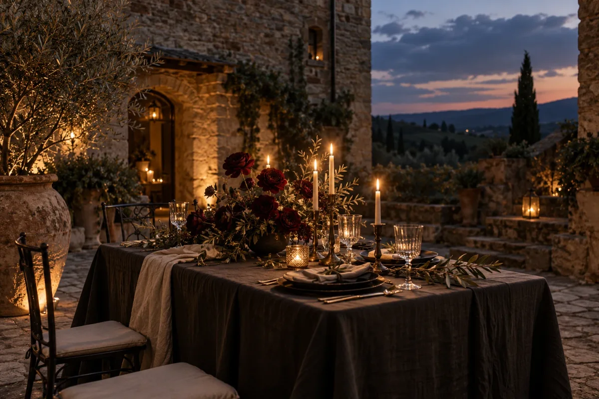 Imagined Tuscan evening reception with candlelight, burgundy roses and olive foliage